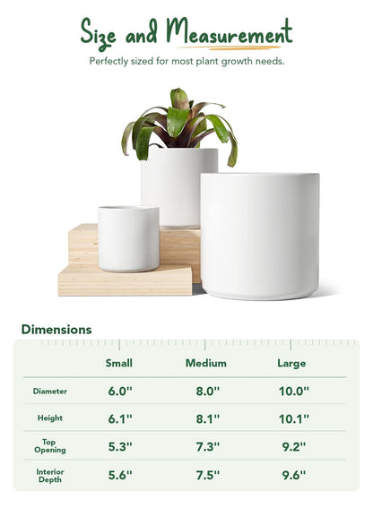 LE TAUCI 15+20+25 cm Plant Pots Set, Ceramic Planters for Indoor Plants, Mid-Century Modern Flower Planter Pots with Drainage Hole and Plug, Cylinder