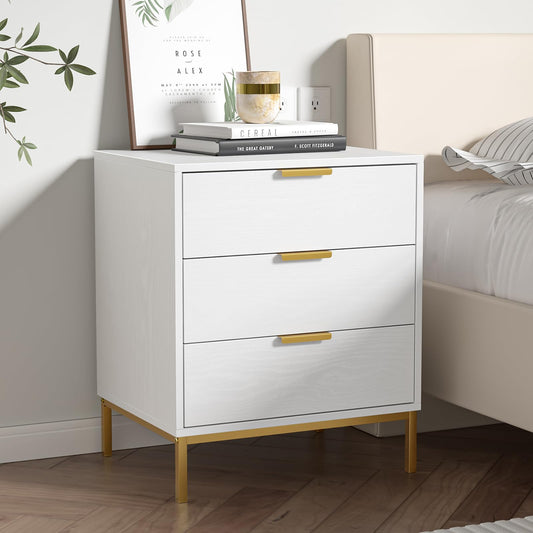 Skokliz Bedside Table with 3 Drawers, White Nigntstand for Bedroom, Wood Fluted End Table for Living Room, Small spaces