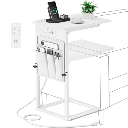 Vagusicc C-Shaped Side Table with Charging Station, Height Adjustable Sofa Side Table, Bedside Table, End Table for Small Spaces