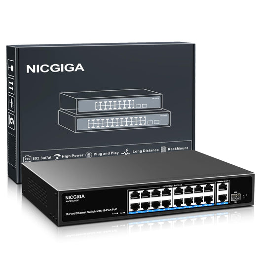 NICGIGA 16 Port PoE+ Switch, 250W, 2 Gigabit Uplink, 1 SFP, Metal Case, Unmanaged, RJ45, SFP, Camera, Desktop, Laptop, Printer Compatible, 19 inch