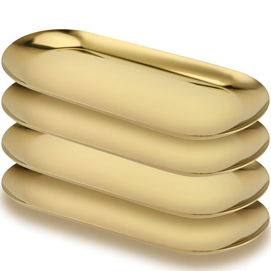 YUENPUN 4 PCS Stainless Steel Oval Gold Trays, 30 x 12cm Metal Mirror Trays, Jewellery Cosmetic Vanity Tray for Makeup, Small Item Storage Organising,
