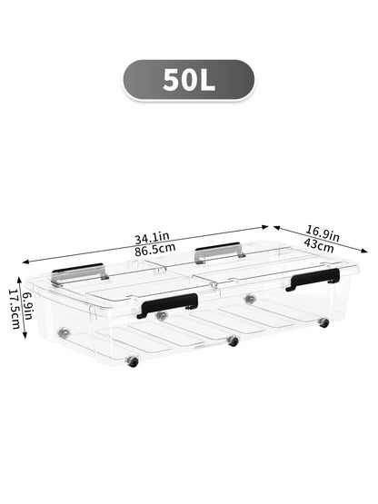 Cetomo 50L*4 Storage Boxes with Wheels, Under Bed Storage Container with Dual-Opening Lids, Durable Flat Organizing Box for Bedroom, Home, BPA-free