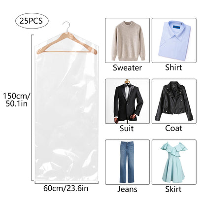 25 Pack Plastic Clothes Covers Protector Bags 59× 23.6 inches Clear Garment Bags Dry Cleaning Bags