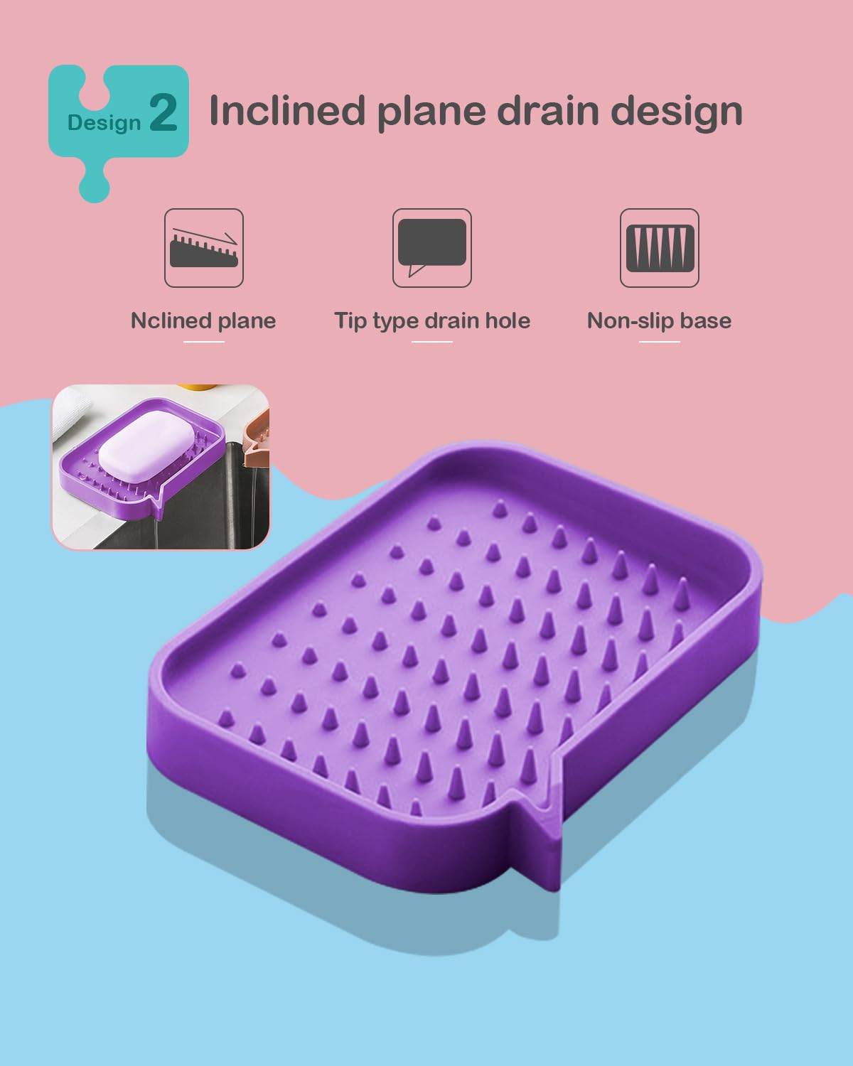 Silicone Self Draining Soap Dish, Sponges Holder Tray for Bathroom Kitchen