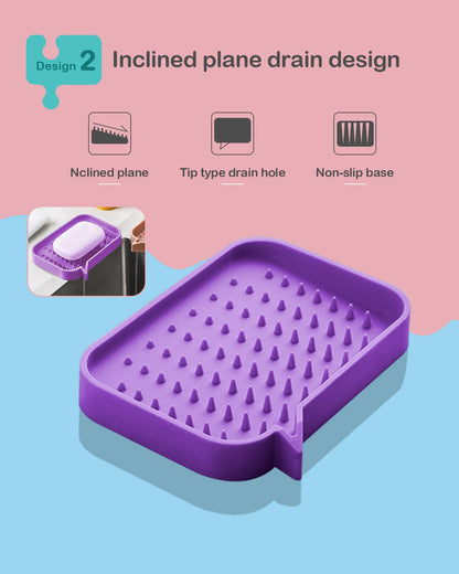 Silicone Self Draining Soap Dish, Sponges Holder Tray for Bathroom Kitchen