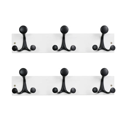 HONSKY Wall Mounted Coat Rack, 43cm White Pine Wood Base, 3 Black Sturdy Aluminium Alloy Triple Hooks (9 Hanging Points)