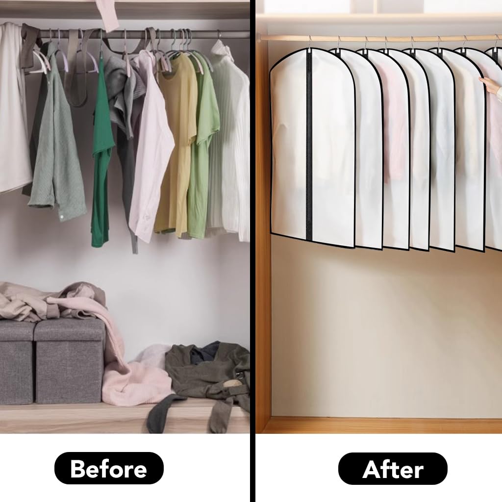 Garment Bags,6PCS Dustproof Garment Covers PEVA Translucent Clothes Covers with Zip Moth Proof Suit Protector Bags Waterproof Dress Covers for Shirts