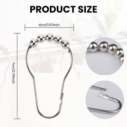 12 PCS Shower Curtain Hooks, Silver Stainless Steel Shower Curtains Rings with Roller Balls, Rust-Resistant, Heavy-Duty Closure