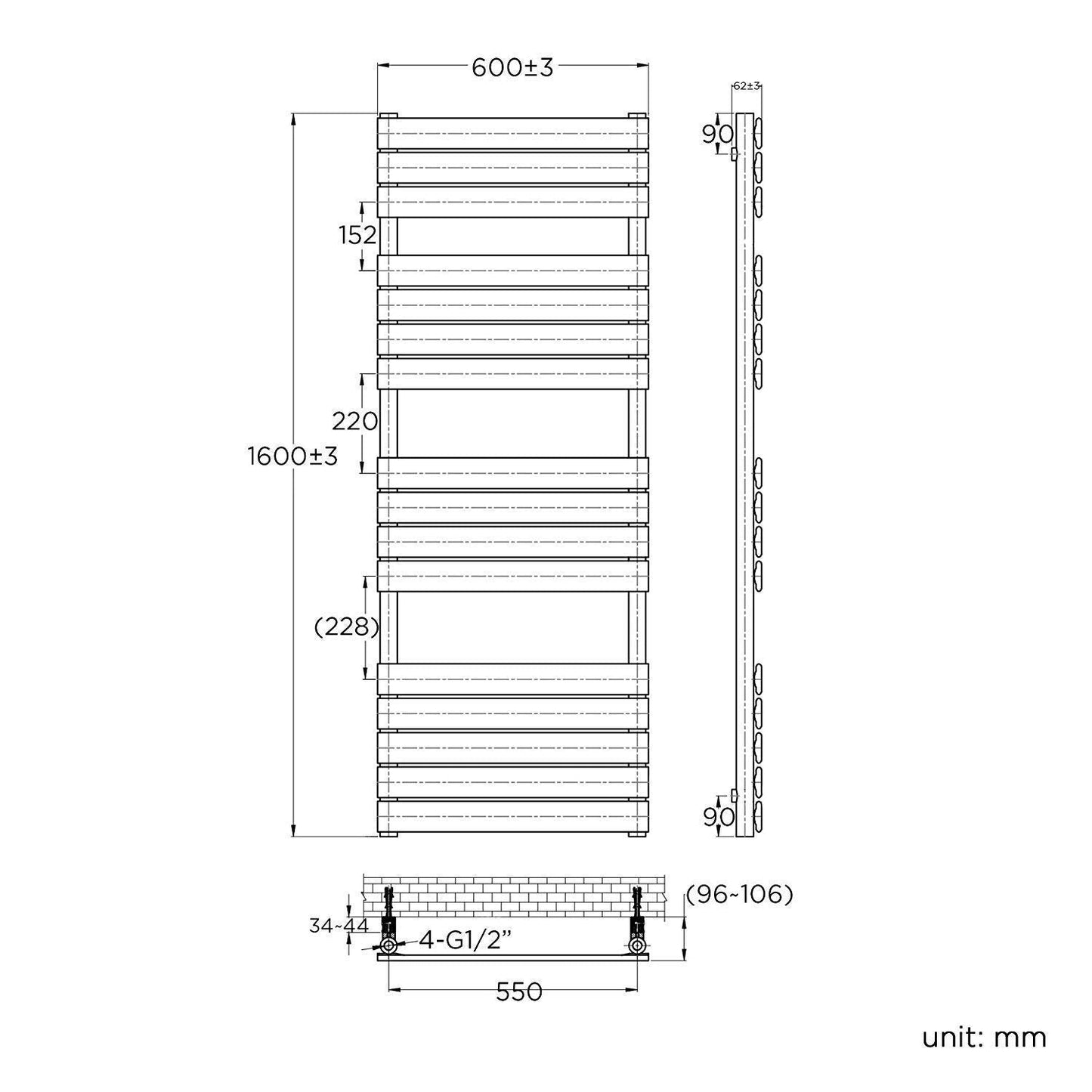 iBathUK Zerith Wall Mounted Flat Panel Heated Towel Rail, 16 Column Slim Flat Steel Hydronic Central Heating High Thermal Output Designer Bathroom