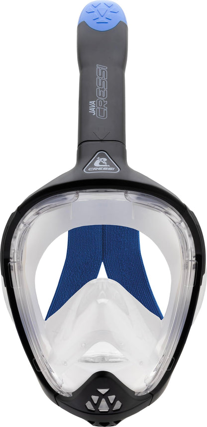 CRESSI Java Full Face Mask Black/Blue L/XL-Unisex Full Face Snorkel Mask, Ultra Clear Anti Fog Lens, 100% Silicone, Snorkel Dry with Safety Valves,
