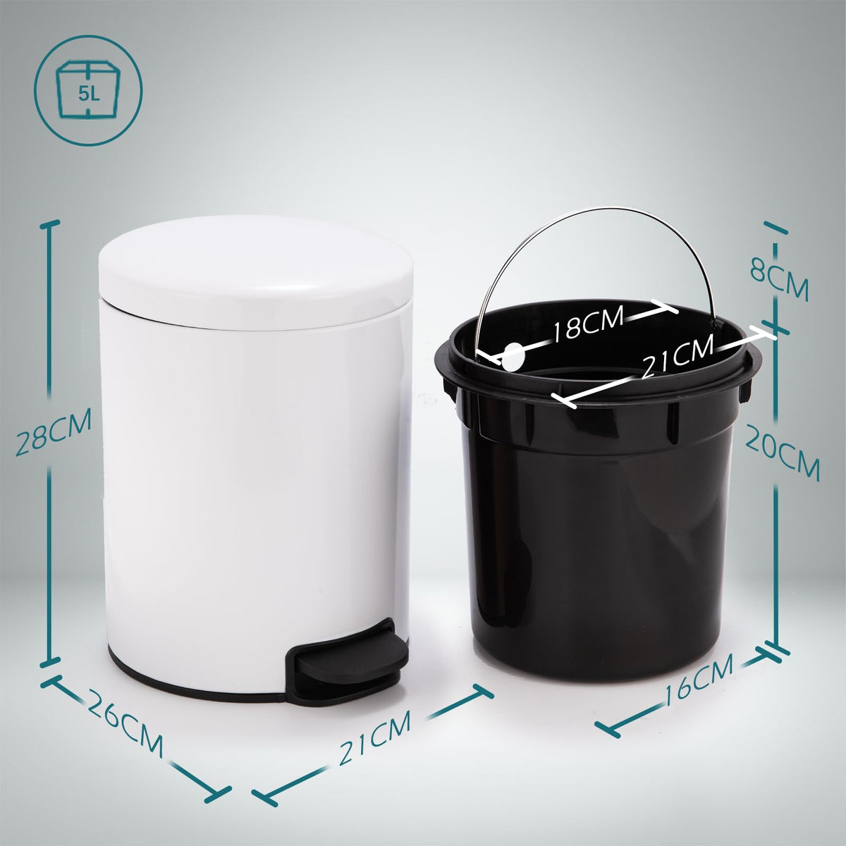 Bathroom Bin with Loo Brush Set, 5L Slim Round Stainless Steel, White