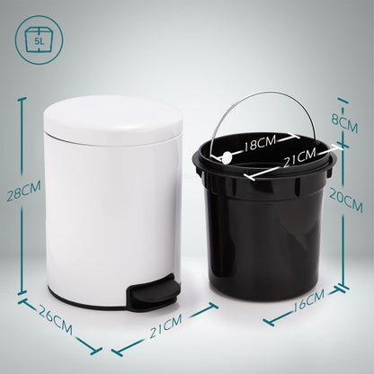 Bathroom Bin with Loo Brush Set, 5L Slim Round Stainless Steel, White