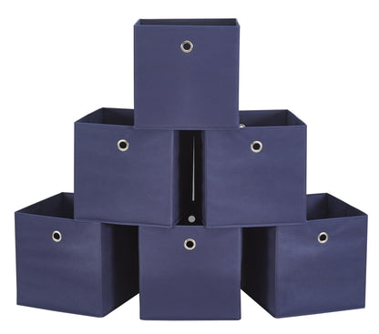 Webeasy Square Navy Canvas Fabric Storage Box, Pack of 6 Eyelet Cube Foldable Open Bins for Home Office Nursery Organisation,28X28X28(CM)