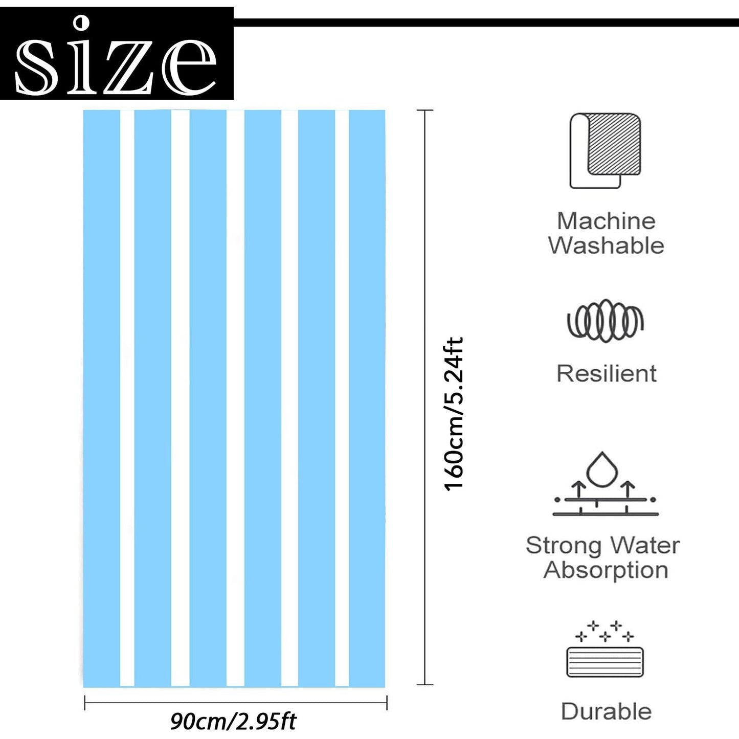 Large Quick Dry Microfibre Beach Bath Towel,Double Sides Light Blue White Striped Sand Free Beach Towel with Bag,Lightweight Gym Yoga Sports