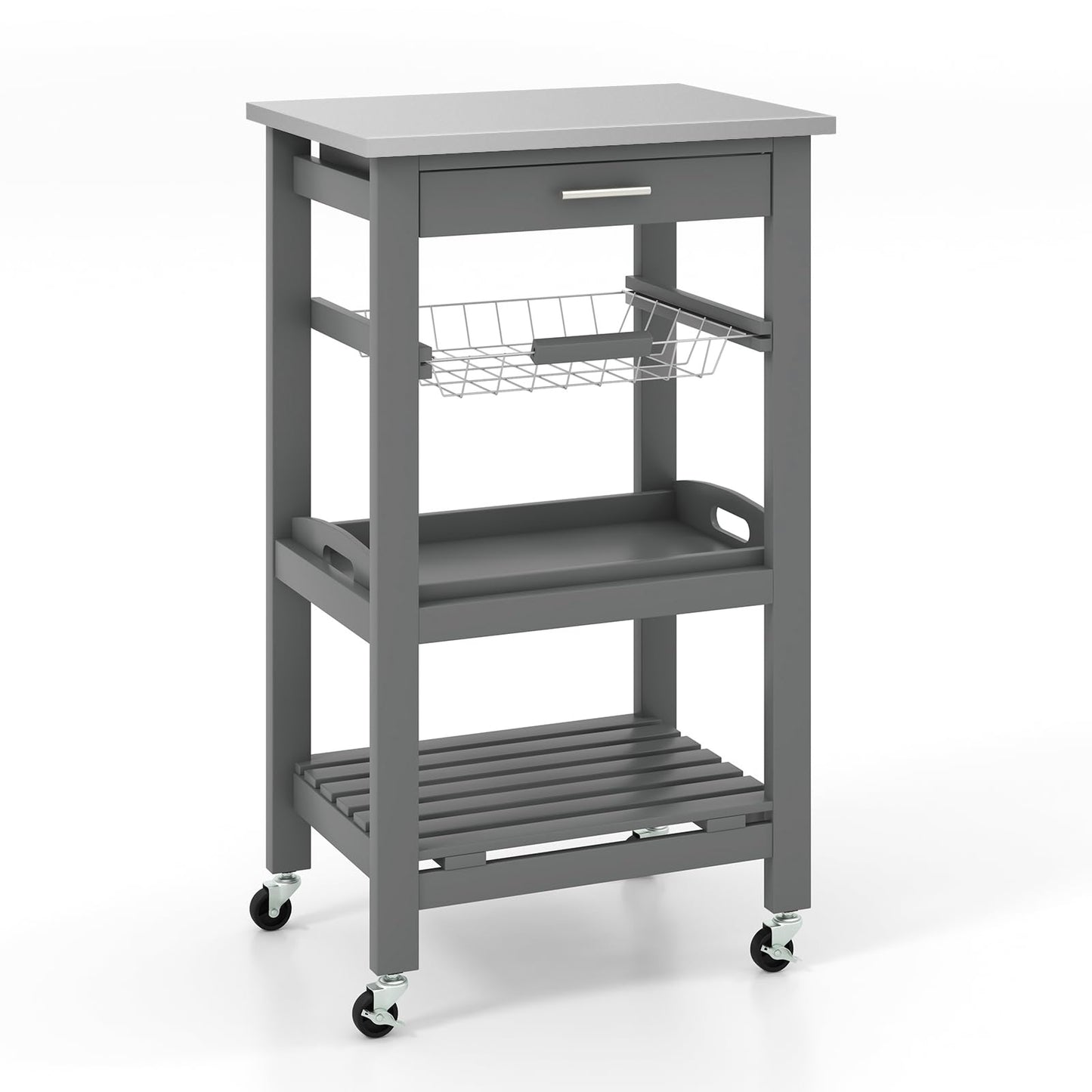 GiantexUK 4-Tier Kitchen Storage Trolley on Wheels, Rolling Storage Cart with Stainless Tabletop, Pull-out Drawer & Wire Basket