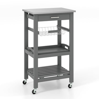 GiantexUK 4-Tier Kitchen Storage Trolley on Wheels, Rolling Storage Cart with Stainless Tabletop, Pull-out Drawer & Wire Basket