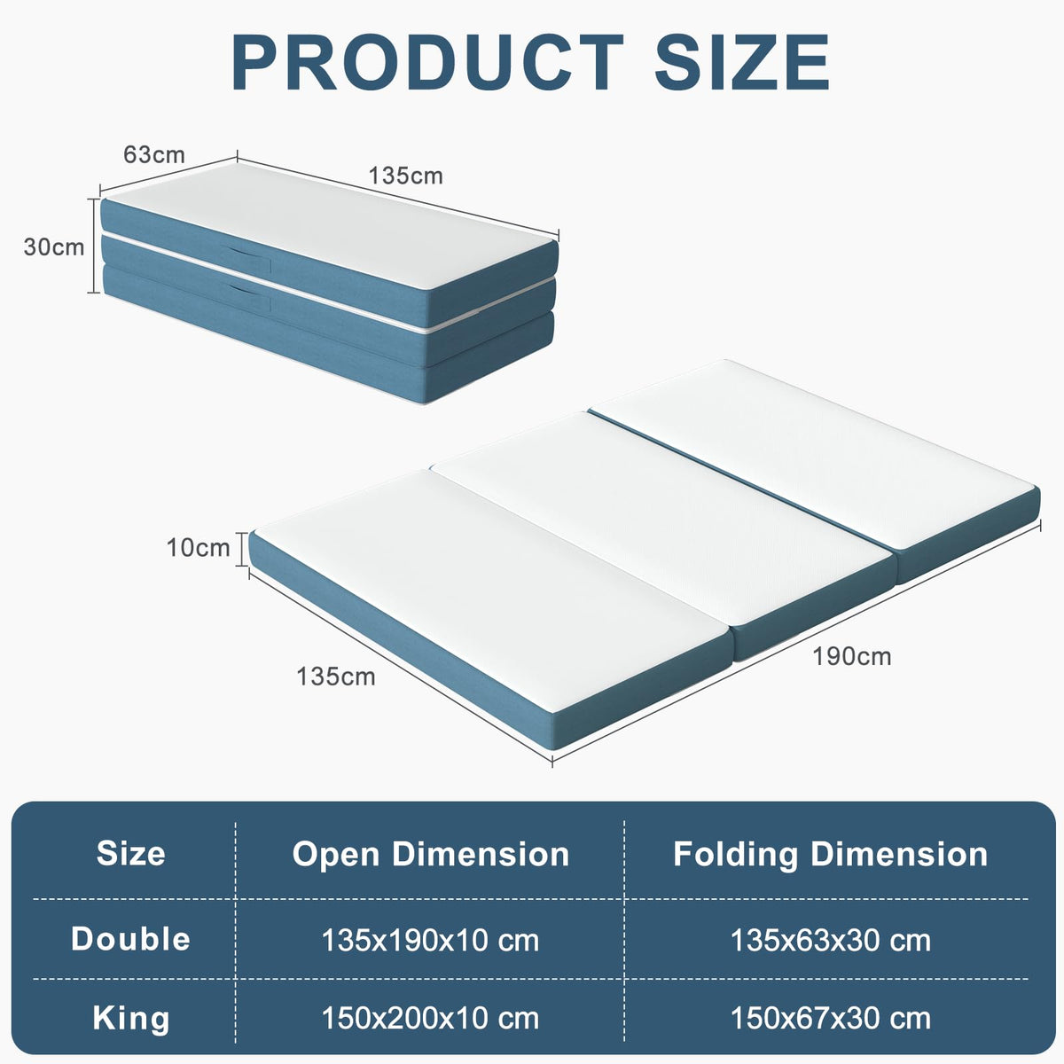 Folding Mattress Double, 4 Inch Tri-fold Floor Mattress (190x135x10cm)