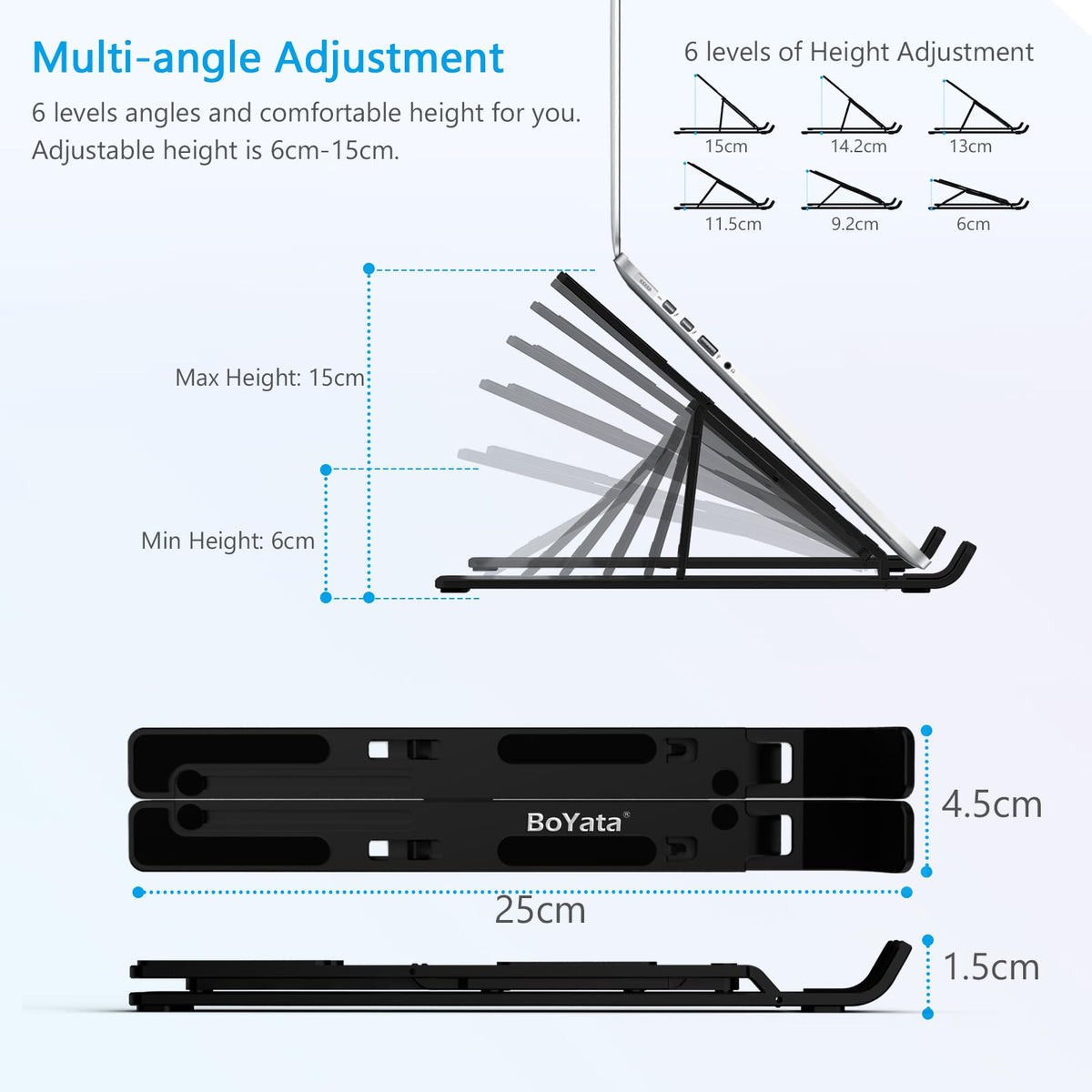 BoYata Laptop Stand, 6-Level Height Adjustable Portable Laptop Riser, Black