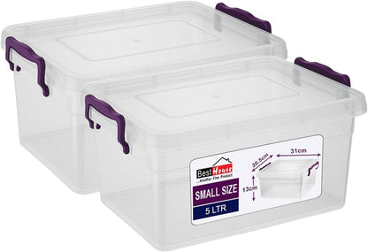 BH | 5L - Small Plastic Storage Box Bin with Lids - Pack of 2 | Stackable Clear Plastic Storage Container Use for Home, office, Kitchen