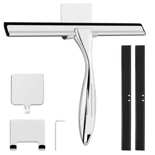wlich Thboxes Shower Squeegee, 10 Inch Stainless Steel Window Squeegee Cleaner for Shower Glass Door with Hook, Shower Screen Wiper for Bathroom,