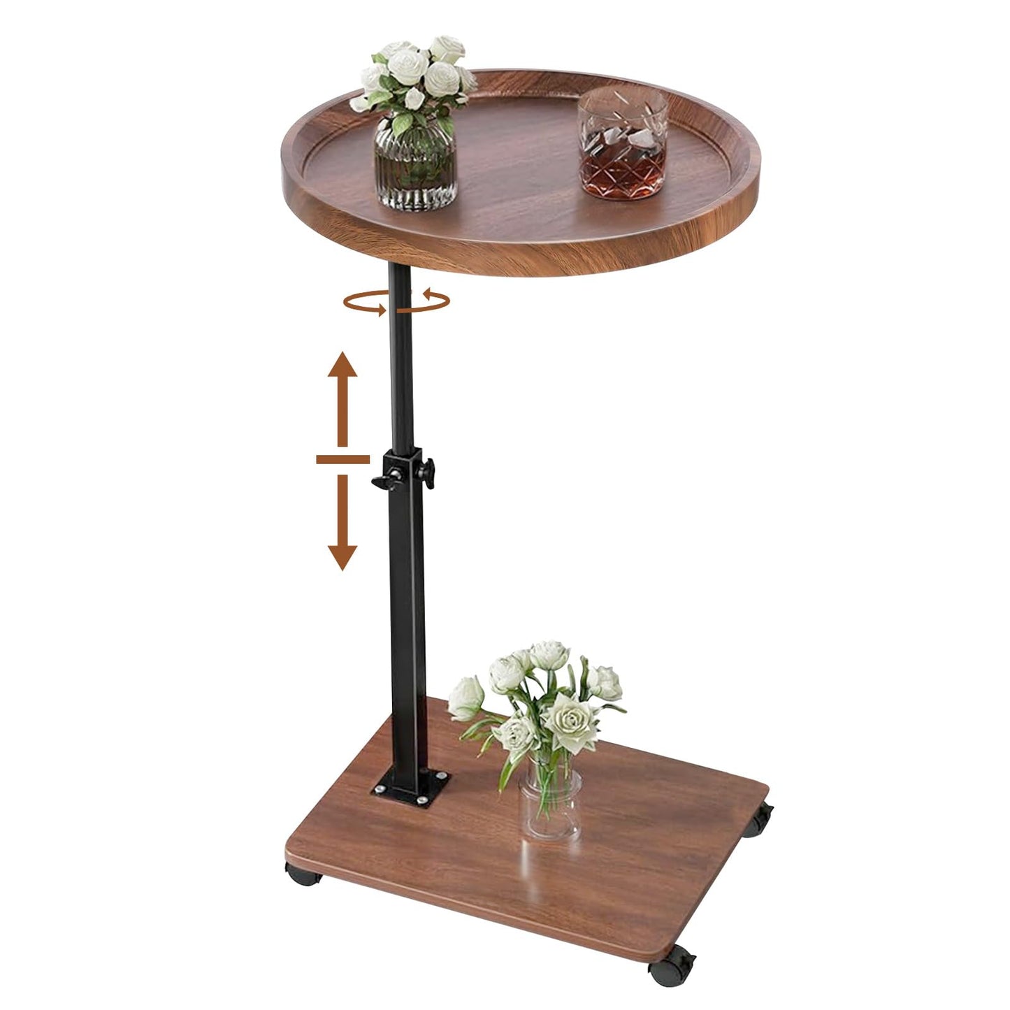 YYW Adjustable C Shaped Side Table with Wheels, 360° Swivel Sofa Table