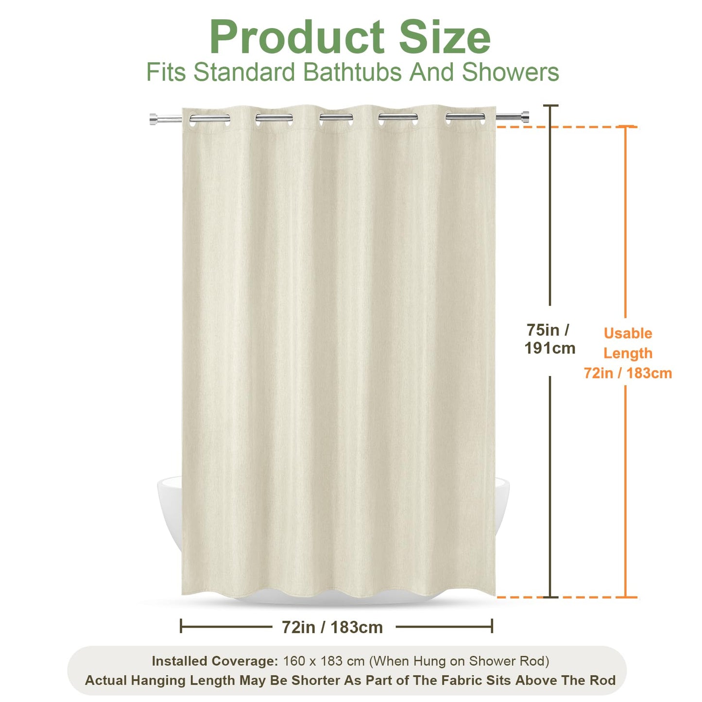 Hotel Style No Hook Rustic Linen Shower Curtain for Bathroom 230GSM Thick Fabric Texture Shower Curtains, Enhanced Waterproof, Weighted Hem