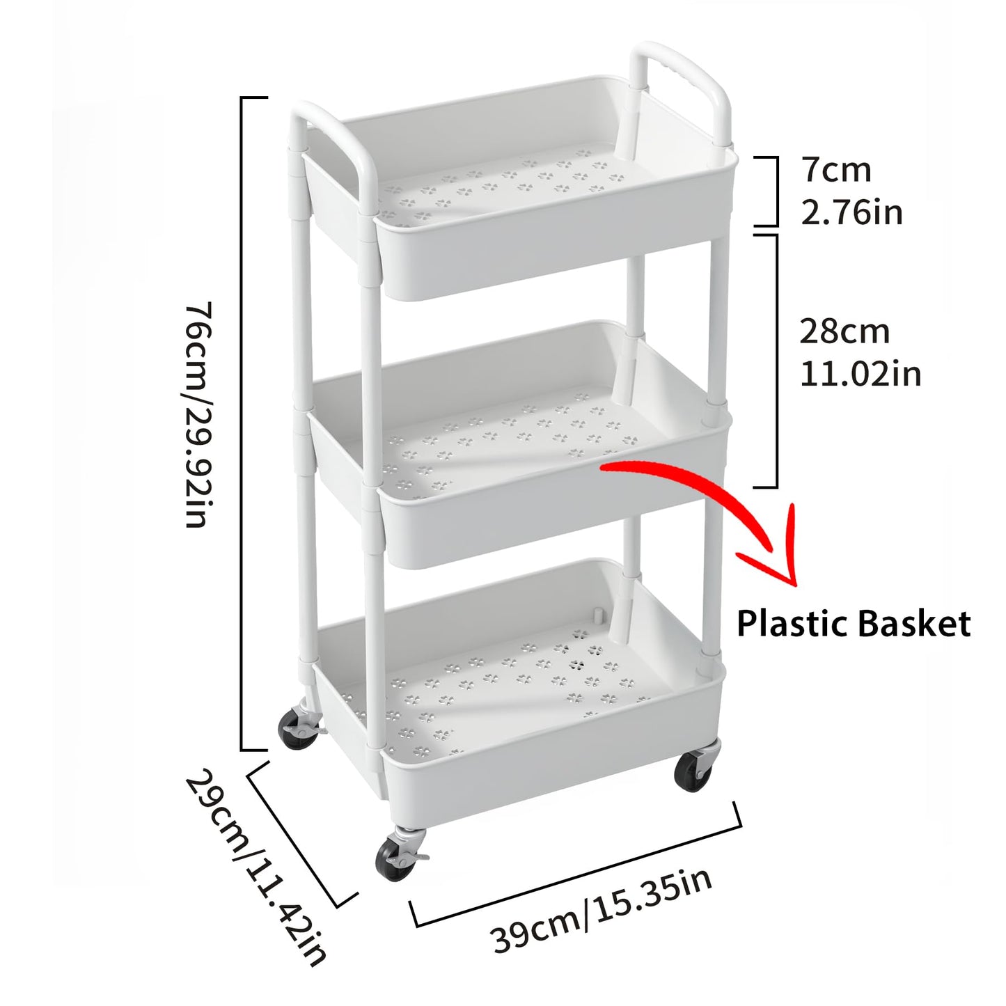 Sywhitta 3-Tier Plastic Rolling Utility Cart with Handle, Multi-Functional Storage Trolley for Office, Living Room, Kitchen
