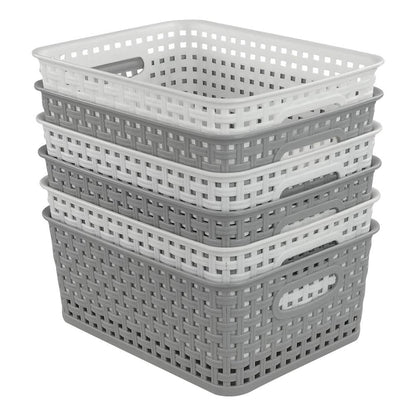 Dynko Plastic Weave Rattan Storage Basket, 6 Packs, Grey White