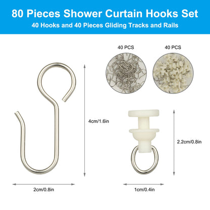 80Pcs Curtain Hooks and Gliders Set,40 Shower Curtain Hooks&40 Rail Gliders