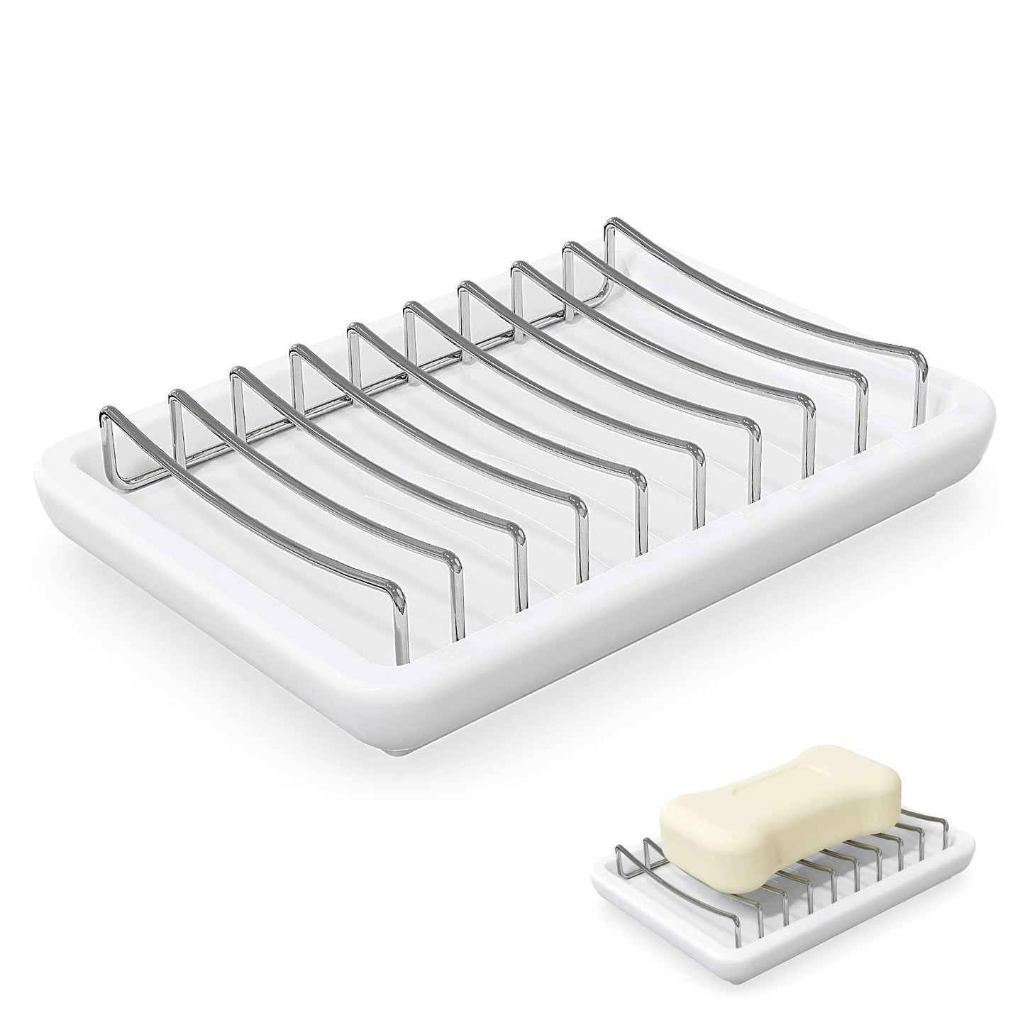 Linkidea Ceramic Soap Dish with Removable Stainless Steel Wire Rack, Double-Layer Bar Soap and Sponge Holder with Drip Tray for Bathroom Sink and
