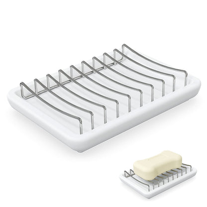 Linkidea Ceramic Soap Dish with Removable Stainless Steel Wire Rack, Double-Layer Bar Soap and Sponge Holder with Drip Tray for Bathroom Sink and