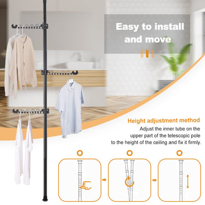 Hershii Telescopic Coat Rack, 110-310cm Adjustable Tension Rod with 5 Hooks
