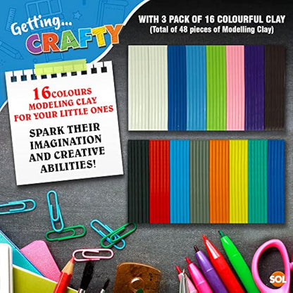 SOL 3pk Modelling Clay 16 Assorted Colours – Soft Clay Kit for Kids – Promotes Creativity & Sensory Play – Ideal for Crafts, School Projects, Anxiety Relief, Gifts, and Party Giveaways