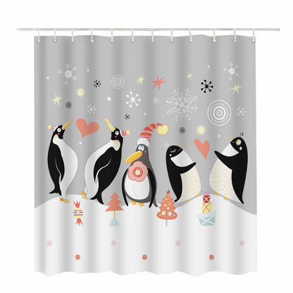 Woutay Shower Curtain Mould Proof Resistant Happy Penguin,Water Repellant Fabric,Polyester,with 12 Plastic Hooks