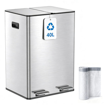 Kitchen Bin, 40L Double Bin, Tall Slim 2 x 20L Stainless Steel Pedal Bin, Dual Bin Rubbish Recycling with Soft-Close Lids and Plastic Inner Buckets