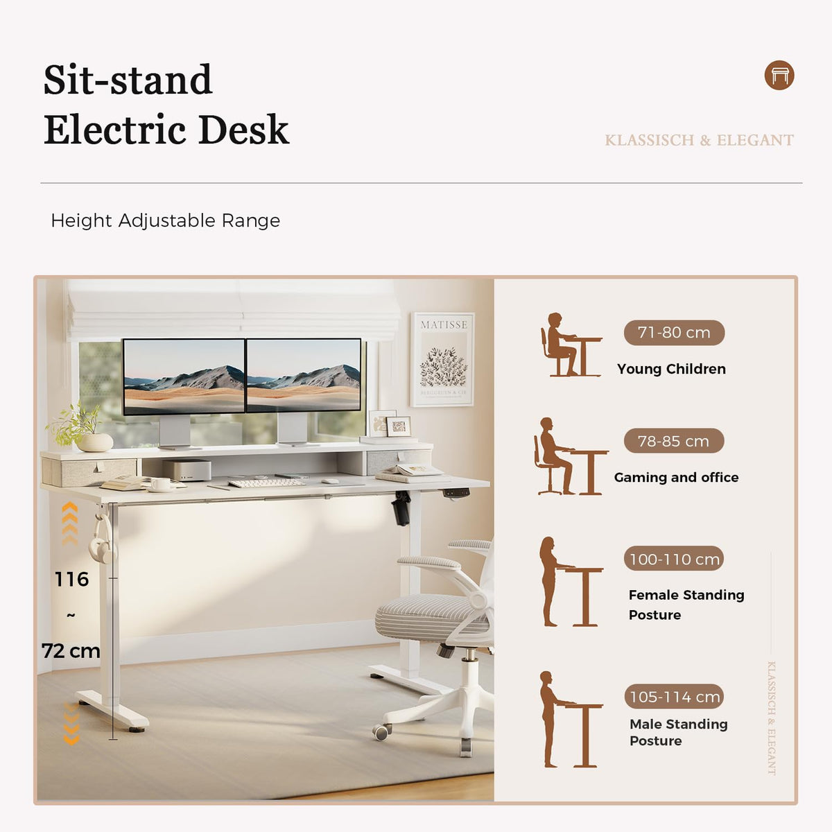 Klicelor Electric Height Adjustable Desk, with 2 Fabric Drawers, 100x60cm