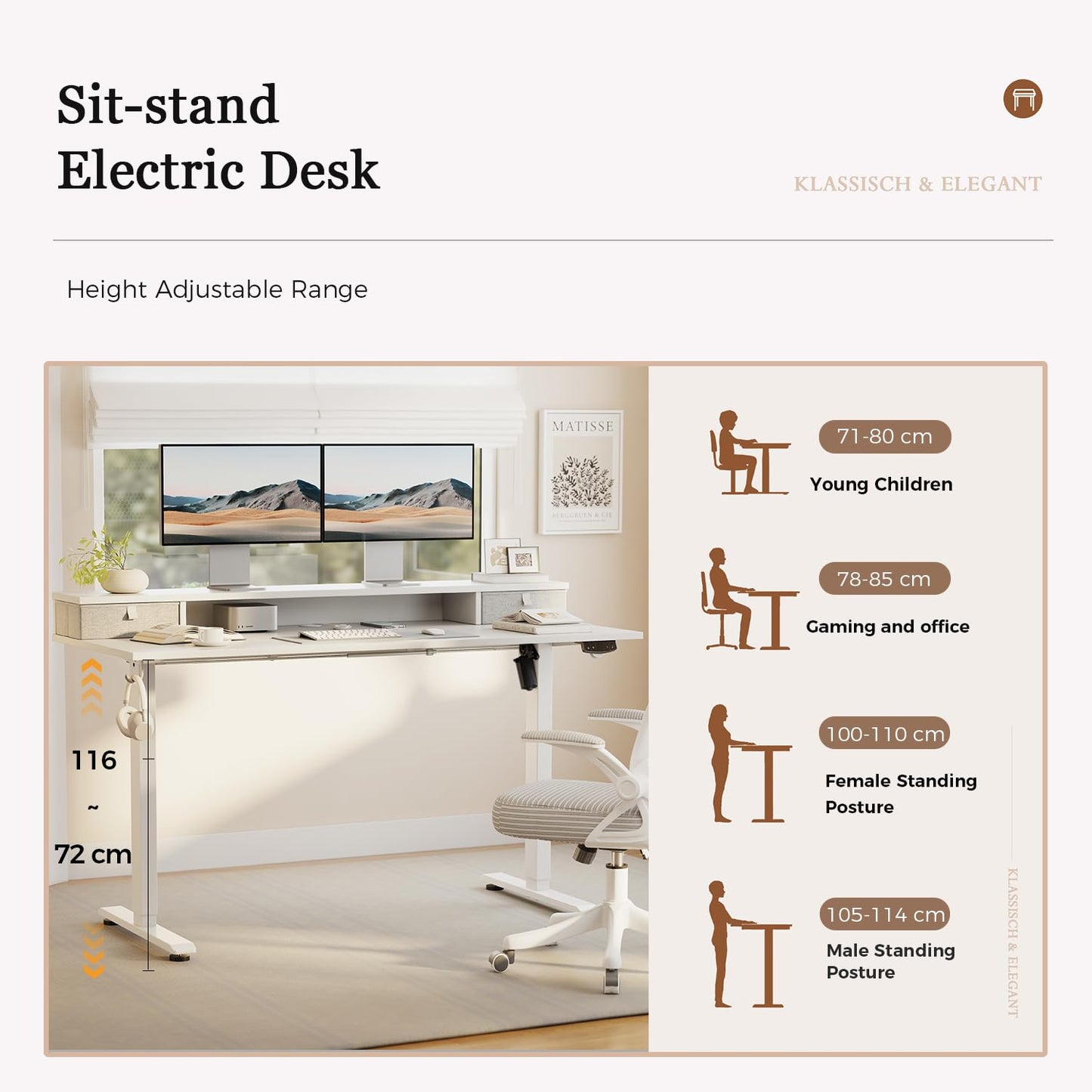 Klicelor Electric Height Adjustable Desk, with 2 Fabric Drawers, 120x60cm