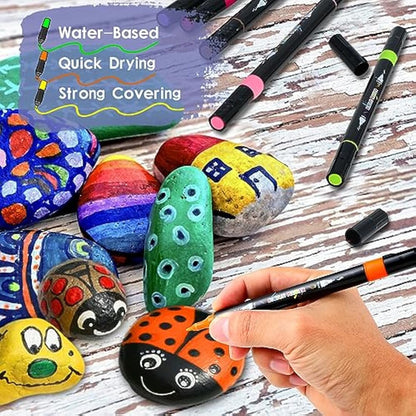 60 Colours Acrylic Paint Pens for Rock Painting Fabric Glass Stone Ceramic Wood Metal, Dual Tip Acrylic Markers Set for Easter Egg Pumpkins Christmas, Arts and Crafts for Adults and Kids