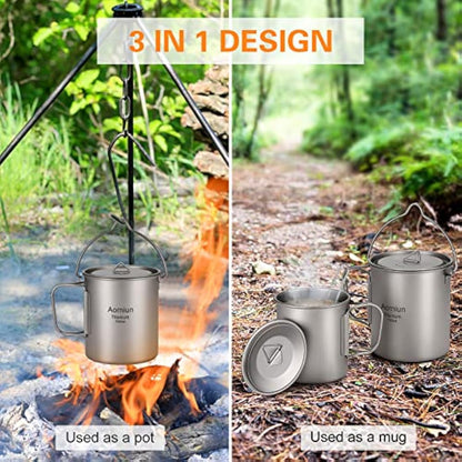 HUIOP titanium pot, Ultralight 750ml Titanium Pot Portable Titanium Water Mug Cup with Lid and Foldable Handle Outdoor Camping Cooking Picnic
