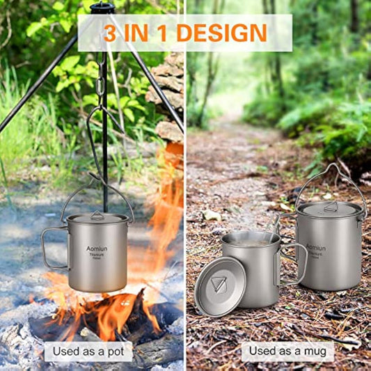 HUIOP titanium pot, Ultralight 750ml Titanium Pot Portable Titanium Water Mug Cup with Lid and Foldable Handle Outdoor Camping Cooking Picnic