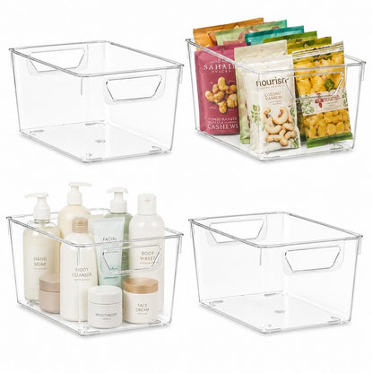 Sydroya 4 Pack Clear Plastic Storage Bins, Pantry Organiser Bins with Handle for Fridge, Kitchen, Cupboard Organization, Refrigerator, Countertop