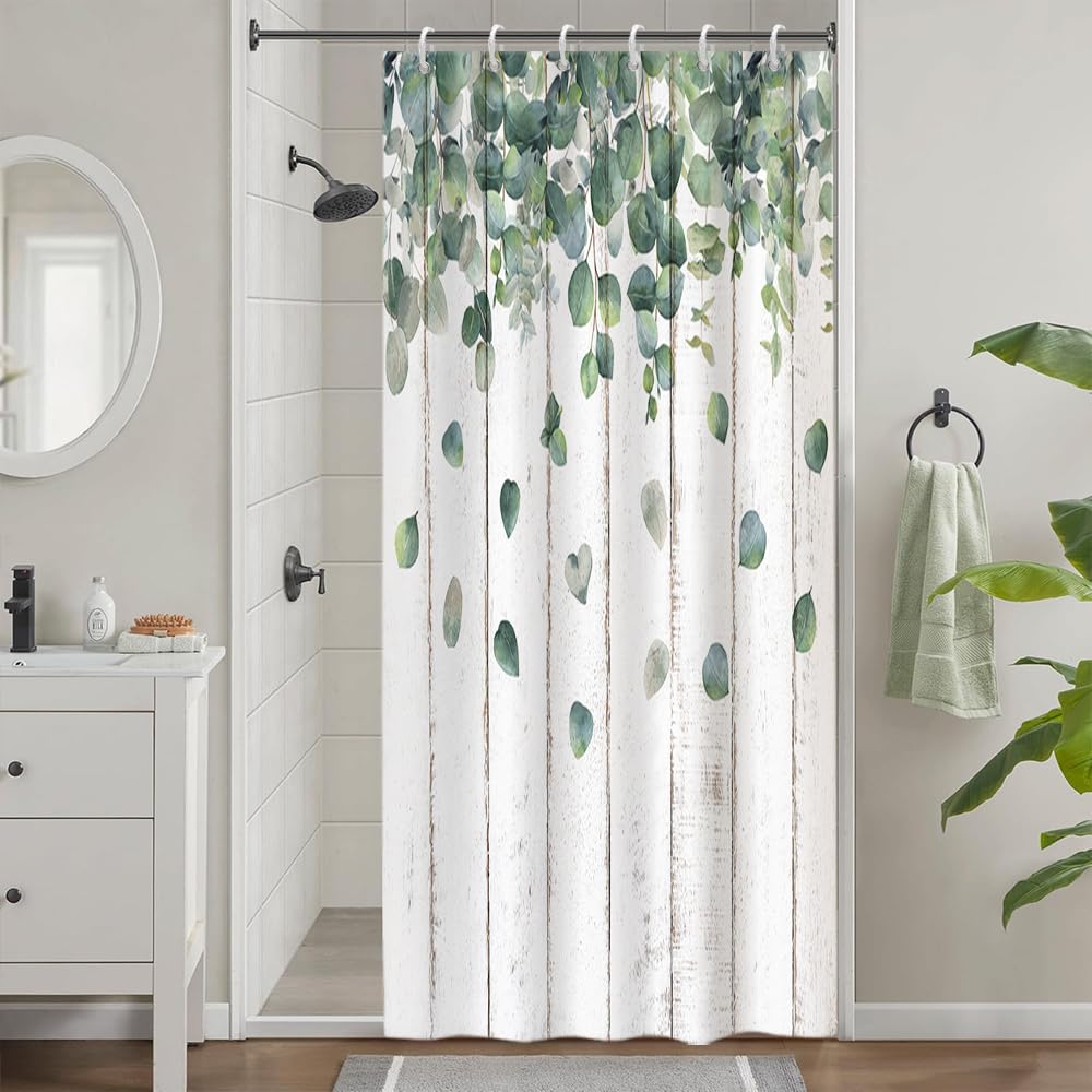 Uiiooazy Green Eucalyptus Stall Shower Curtain, Rustic Leaves Shower Curtain Wooden Board Background Bath Curtain Anti Mildew Waterproof Polyetser