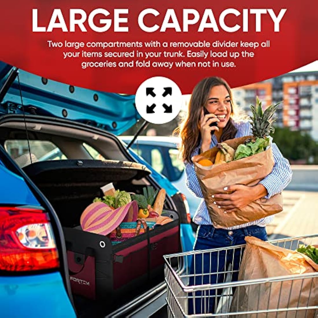 FORTEM Car Boot Organiser, Car Boot Tidy, Car Boot Storage, Collapsible Multi Compartment Car Organiser, Non Slip Bottom, Adjustable Securing Straps, Soft Cover (2 Compartments, Red)