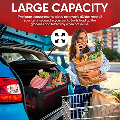 FORTEM Car Boot Organiser, Car Boot Tidy, Car Boot Storage, Collapsible Multi Compartment Car Organiser, Non Slip Bottom, Adjustable Securing Straps, Soft Cover (2 Compartments, Red)
