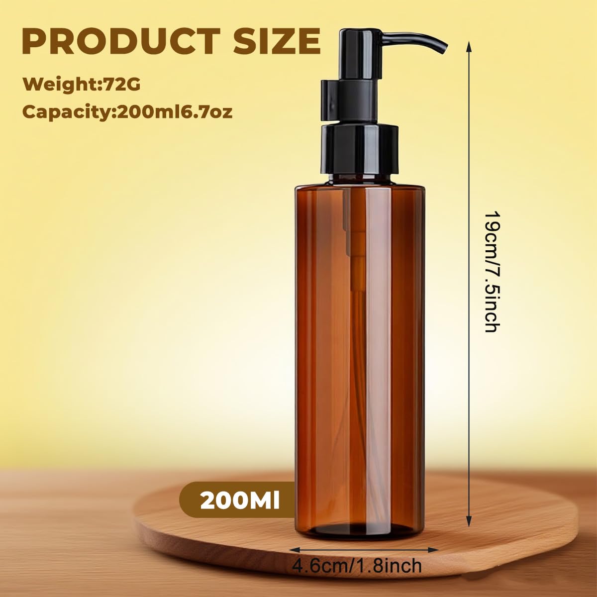 2PCS 200ML Amber Plastic Lotion Pump Bottles Refillable Cosmetic Storage Containers Vials with Black Pump for Shampoo & Makeup Remover Oil