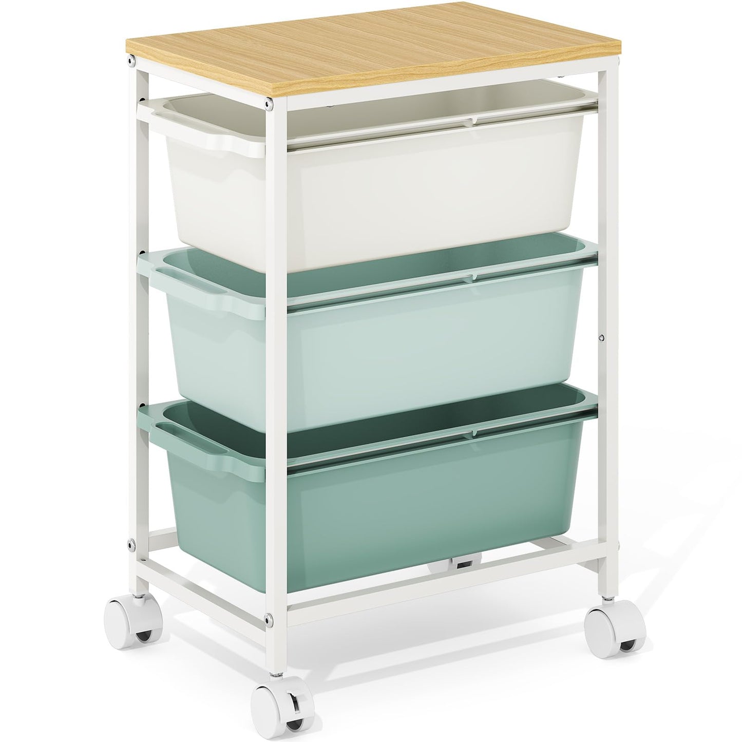 KINGBOARD 3 Drawers Storage Trolley on Wheels, Green