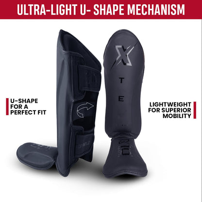 XTEN SPORTS Shin Guards Muay Thai, MMA, Gel Integrated Padding, Training Sparring, Boxing, Kickboxing, BJJ, Taekwondo Protective Gear, Matte Black, XL