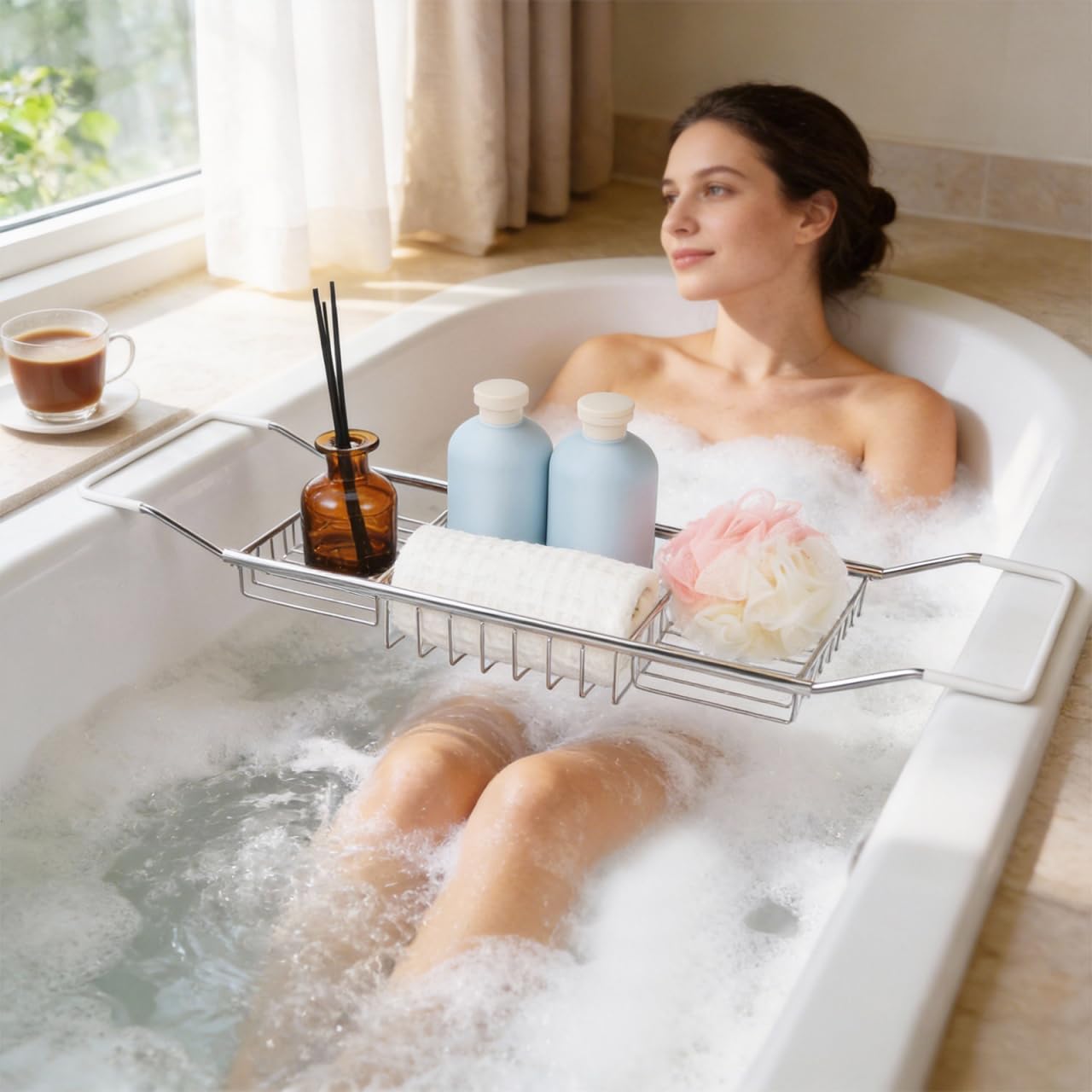 DOITOOL Adjustable Stainless Steel Bathtub Rack Expandable Bath Tray with Anti-Slip Holders for Books Phone and Wine Glass Bathroom Storage