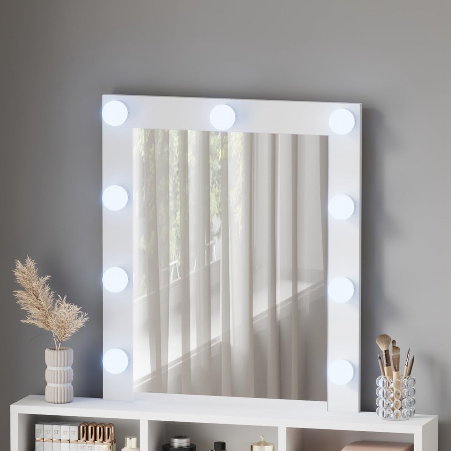 WestWood Modern LED Dressing Table with Hollywood Mirror, Makeup Vanity Desk with Drawers and Open Shelves