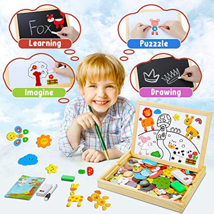 COOLJOY 100+ PCS Wooden Magnetic Puzzle, Magnetic Puzzle Board, Cute Pets Pattern Games Double Sided Jigsaw, Educational Drawing Easel Blackboard Wood Toys For Kids Up 3 Years Old Imagination